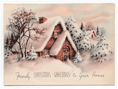 Vintage Greeting Card Christmas House Cottage Snowy Winter Scene 1940s