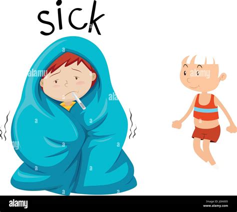 Opposite Wordcard For Word Sick And Healthy Illustration Stock Vector