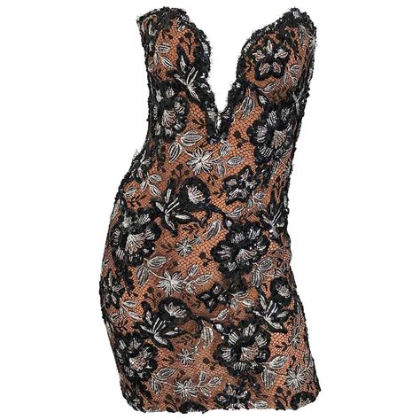 Vintage Bob Mackie Size 4 6 Black Nude Lace Sequin Sexy Plunging Mini Dress At 1stdibs