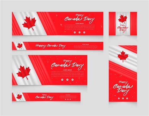 Happy Canada Day Vector Holiday Web Banner Set With Flab Waving And Red