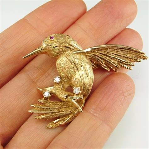 Hummingbird Pin 14k Diamond Brooch Ruby Brooch Diamond Ruby Jewelry