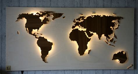 Wooden World Map Illuminated With 3d Effect 492 X 24 Inch