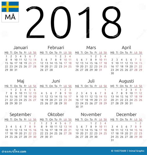Calendar 2018 Swedish Monday Stock Vector Illustration Of Date