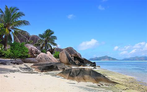 Nature Landscape Seychelles Island Beach Rock Palm Trees Sea Sand Mountain Tropical