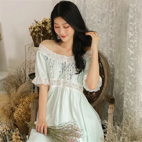 Yomrzl A655 New Arrival Summer Cotton Womens Nightgown Princess One Piece Lace Sleep Dress