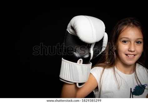 Beautiful Little Girl Boxing Gloves Posing Stock Photo 1829385299