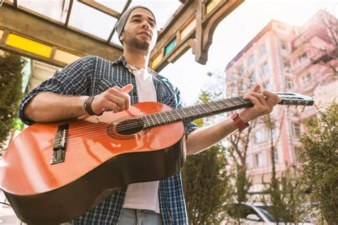 Thoughtful Male Guitarist Training Play On Street Stock Image Image