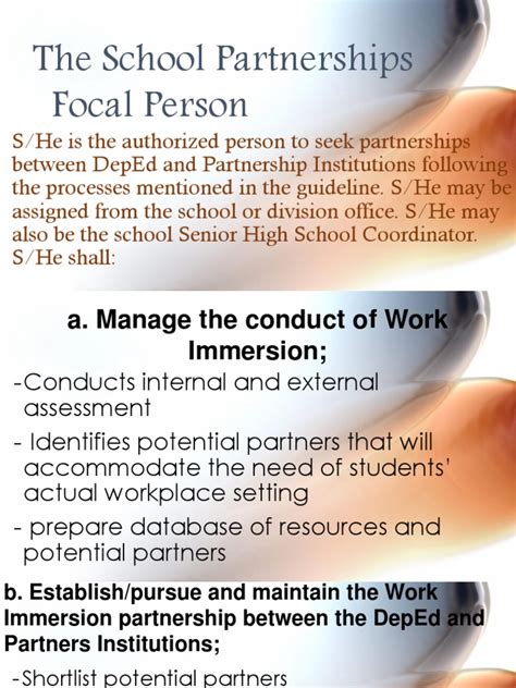 The School Partnerships Focal Person Pfp