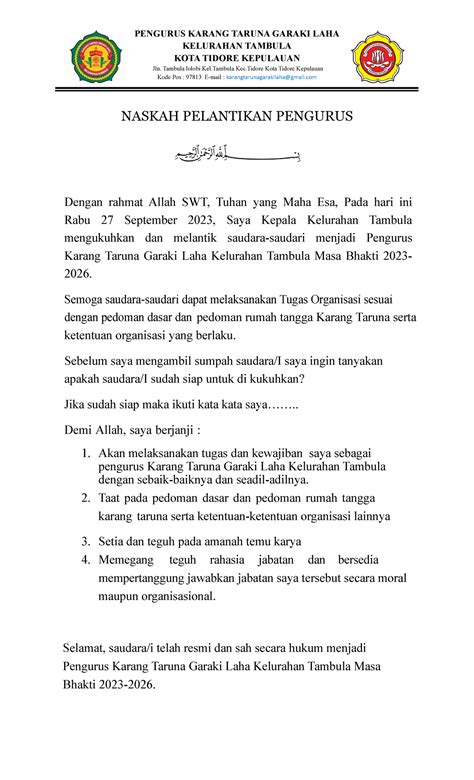 Naskah Pelantikan Pengurus Karang Taruna Garaki Laha Kelurahan