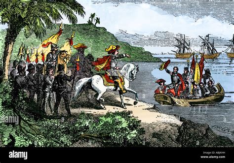 Hernando De Soto Landing His Expedition In Florida 1539 Hand Colored