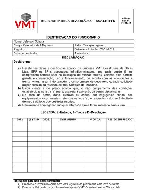 Recibo De Entrega De Epis Docx Document