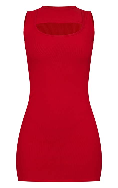 red ribbed sleeveless layered detail bodycon dress prettylittlething ksa
