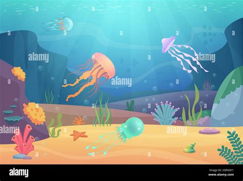 Underwater Life Ocean Landscape With Fishes And Beautiful Jellyfish
