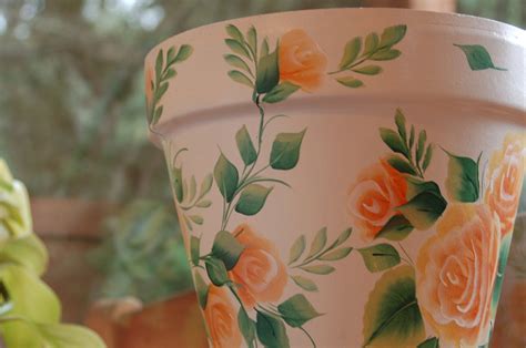 Hand Painted Clay Flower Pot One Stroke Peach Orange Roses Etsy