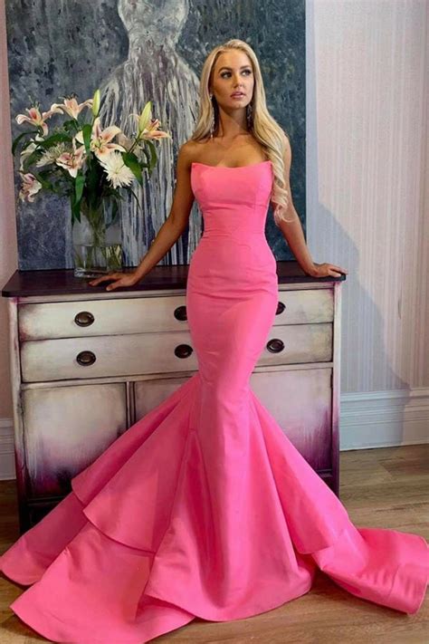 Elegant Hot Pink Satin Mermaid Long Prom Dress With Strapless Neckline