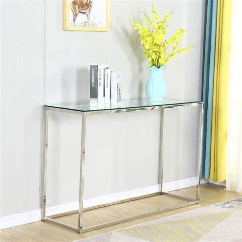 Narrow Console Table With Glass Top Sofa Table Accent Chrome Entryway