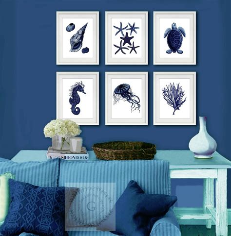 Navy Blue Sea Life Coastal Wall Decor set of 6 Beach Home ...