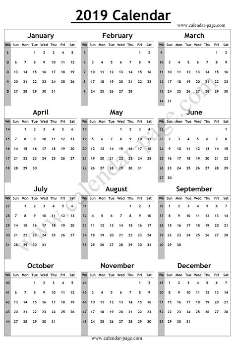Year calendar numbered weeks