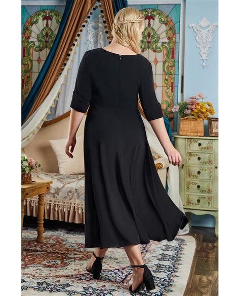 8995 Retro Black Tea Length Semi Party Dress Plus Size Vneck With Half Sleeves S69038