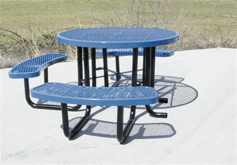 Whether for an outdoor bar or a food court, our outdoor patio table sets range from dining height to bar height with matching dining chairs and bar stools. 46 in. Round Expanded Metal ADA Picnic Table | ET&T Distributors