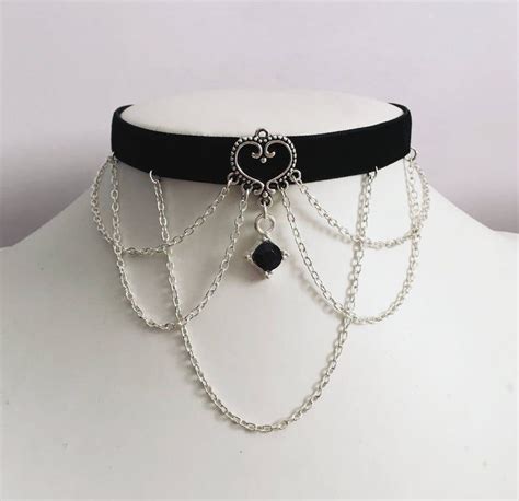 Gothic Choker Black Gem Chains Velvet Necklace Halloween Etsy