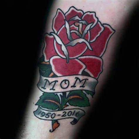 This traditional black rose was placed on top of the hand for a tattoo that's front and center. 40 Traditional Mom Tattoo Designs For Men - Memorial Ideas