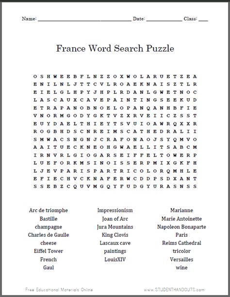 France Word Search Puzzle Worksheet Word Search Puzzle French