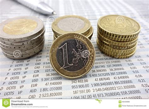 Euro Coins On Newspaper Stock Photo Image Of Calculator 68426988