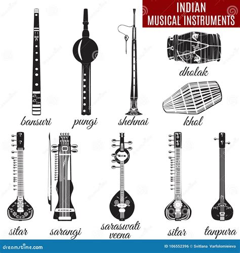 Vector Set Of Indian Musical Instruments Flat Style Stock Vector
