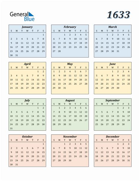 Calendar For Year 1633