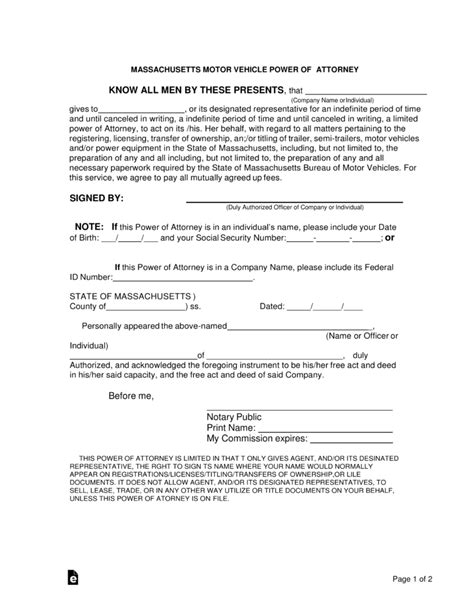 Free Massachusetts Motor Vehicle Power Of Attorney Form Pdf Word