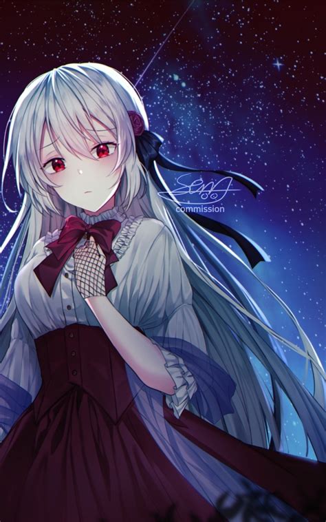 Download 1200x1920 Sadness Anime Girl Sad Expression Stars Night Red Eyes Gray Hair