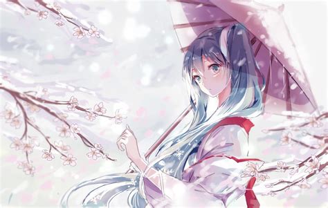 Vocaloid Hatsune Miku Traditional Clothing Kimono Umbrella Long Hair Twintails Snow Snow Flakes