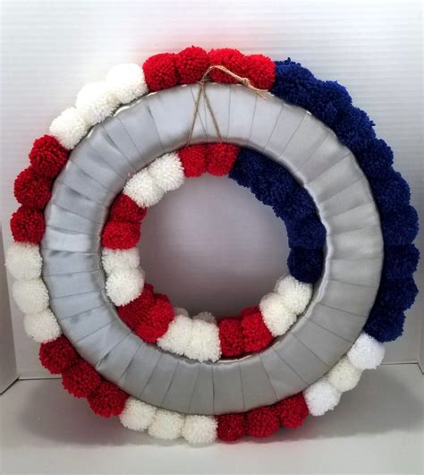 Patriotic Pom Pom Wreath Red White And Blue Handcrafted Etsy