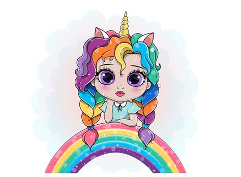 Cute Girl Unicorn Leaning On A Rainbow By Julia Vectra On Dribbble