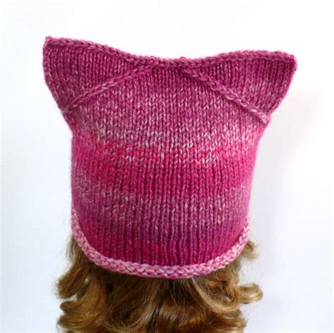 Pink Cat Hat Hand Knit Rolled Brim Hat Womans Etsy