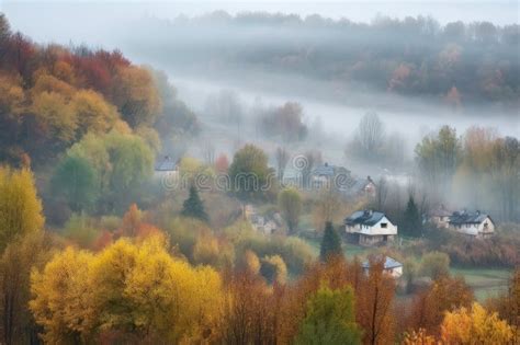 Misty Autumn Morning With Quiet Village Surrounded By Misty Forest