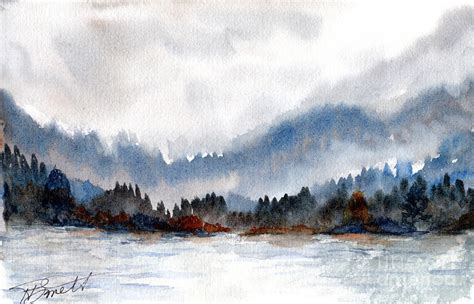 Watercolor Misty Lake And Hills Painting By H Barnett