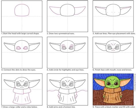 Easy How To Draw Baby Yoda Tutorial Video And Baby Yoda Coloring Page