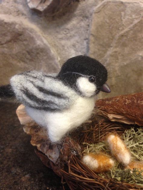 Needle Felted Chickadees With Nest On Driftwood Handmade Wool Birds