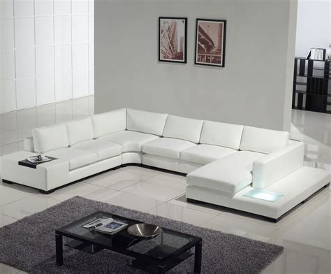 Contemporary White Leather Sectional Sofa With Built In Lighttable