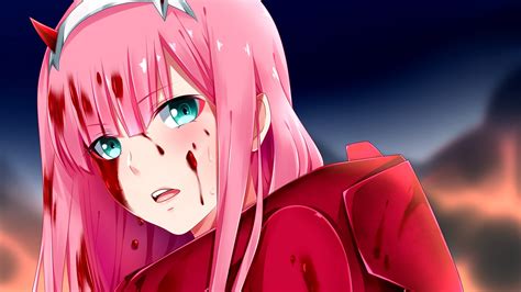 Darling In The Franxx Zero Two With Pink Hair And Green Eyes With Dark