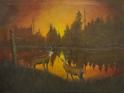 White Deers At Sunset Sunset Painting Painting Deer Painting