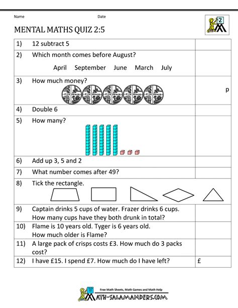 Printable Mental Maths Year 2 Worksheets