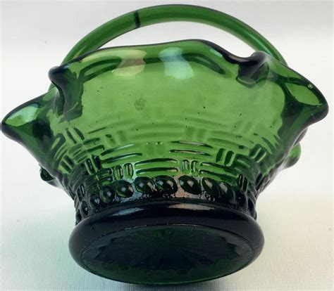 Lot Vintage Dark Green Glass Small Basket W Ruffled Edge