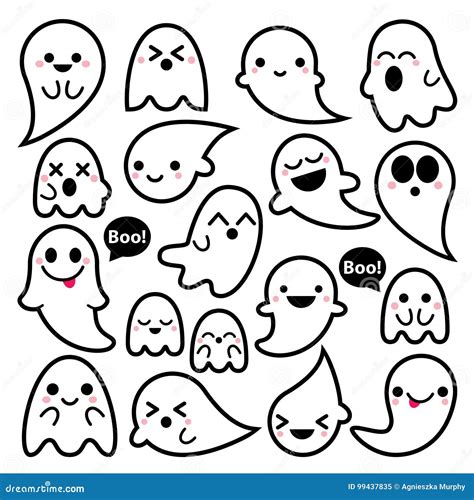 Cute Ghosts Icons Halloween Design Set Kawaii Black Stroke Ghost