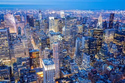New York City Skyline Manhattan Aerial View At Night Stock