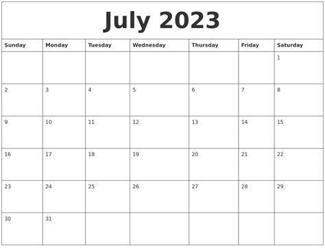 July 2023 Free Weekly Calendar