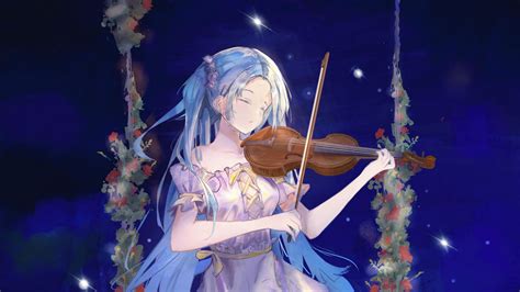 Long Blue Hair Anime Girl With Violin Is Wearing Light Purple Dress Hd