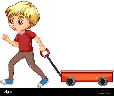 Happy Boy Pulling Wagon On White Background Illustration Stock Vector